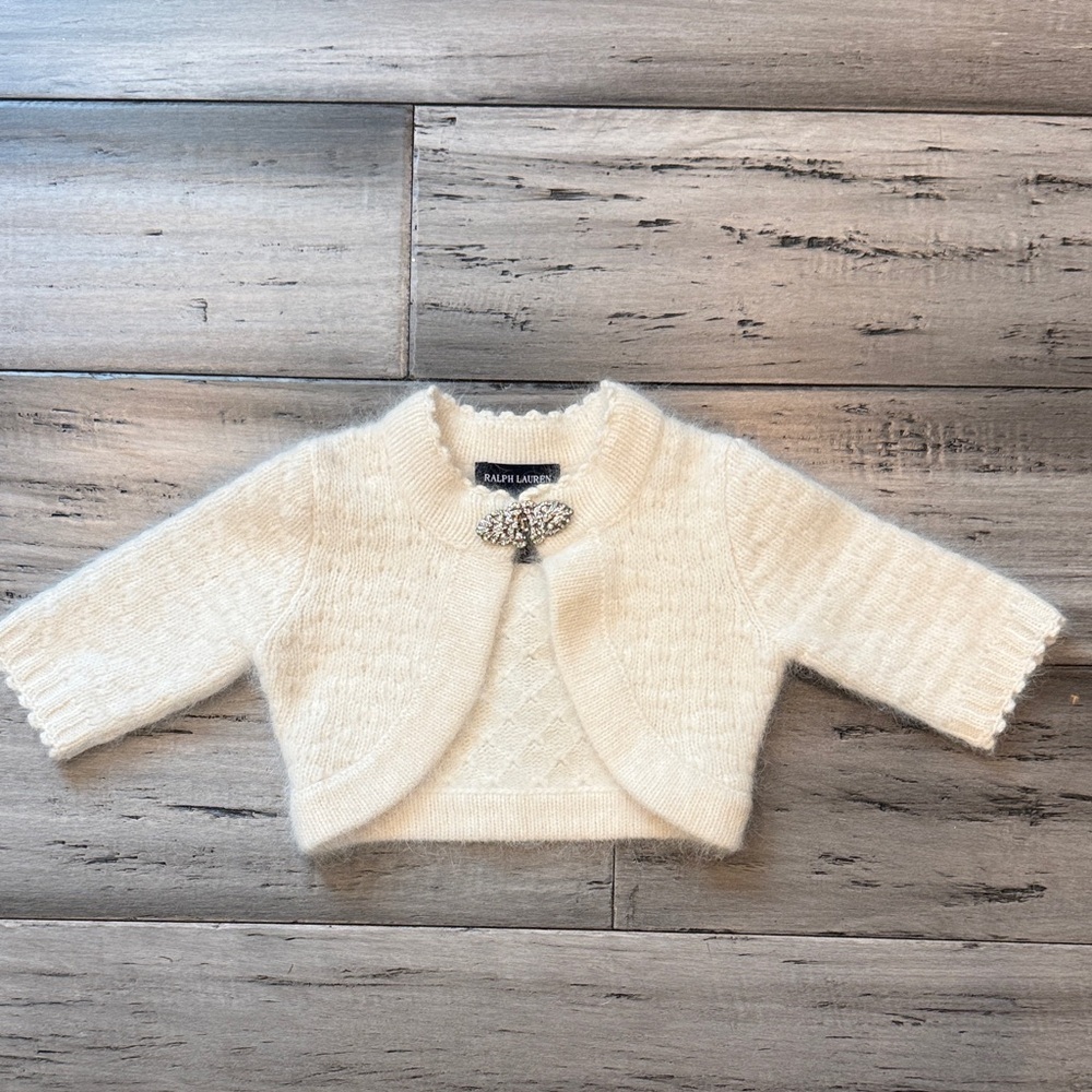 NWOT Ralph Lauren Cream Infant Knit Bolero with Jeweled Pin